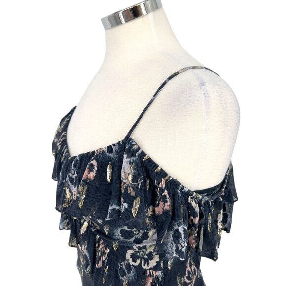 Rebecca Taylor Silk Floral Metallic Double Ruffle One-Shoulder Blue Top Size 6 - Picture 8 of 16